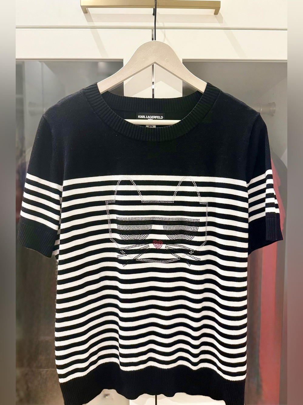 Karl Lagerfeld Black & White Striped Cat Knit Top with Red Accent Short Sleeve M